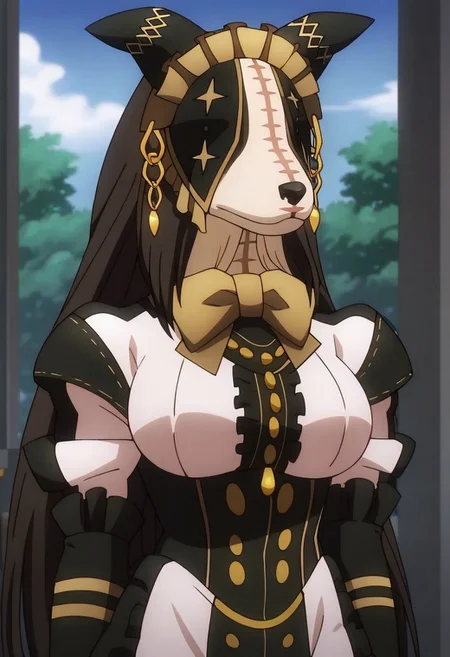 score_9, score_8_up, score_7_up, score_6_up,source_anime, cinematic shadow, cinematic light, characters focus,detailed skins,perfect large breasts,rating_explicit, (cowboy shot:1.4), ultra detailed background,, pestonya, black long hair, dog girl, dog ears, STITCHES, no humans, furry, pestonyadress, maid, maid headdress, veil, covered eyes, star (symbol),yellow bowtie,frilled wide long sleeves, jewelry,frills,CENTER FRILLS