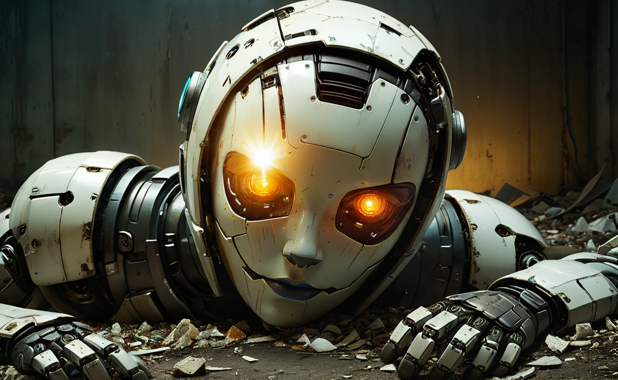 score_9, score_8_up, score_8, score_7, 1girl, Abandoned AI-girlfriend, discarded cyborg, lying partially covered on a heap of trash, (reaching:1.3) at camera, sad empty stare, (broken face:1.3), highly detailed, strong contrast, intricate details, volumetric light, 16k HDRI,  lot of details, high quality,  dramatic atmosphere, atmospheric perspective, subsurface scattering, transparency,  analog style, film photography, sharp focus, soft focus, cinematic vibrant lighting, heavy shadow, perfect face, damaged, broken, rusty white carapace parts with dirty cracks <lora:MSLSPNYXlV02:0.23456> MSLS, stronk, robot, mecha, looking at viewer, science fiction, shiny armor, glimmering, (golden skin suit:1.3) with cordovan brown trim, <lora:Melting_world:0.5> <lora:linquivera:0.7> linquivera, liiv1, <lora:sss:1.25> sss, translucent, subsurface scattering