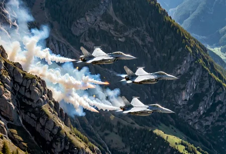 (Pilots flying the Euro Fighter jets between mountains), (displaying the low level flying capabilities of the Euro Fighter jets), hitting amazing speeds as the tilt and wind through the valleys and canyons, (view from side of euro fighter jets), (launching missiles with a stream of white vapors with flames), (a true display of military might power), (motion scenes), (pain staking attention to fine details of the jets) ,4k, surreal, (epic photography),