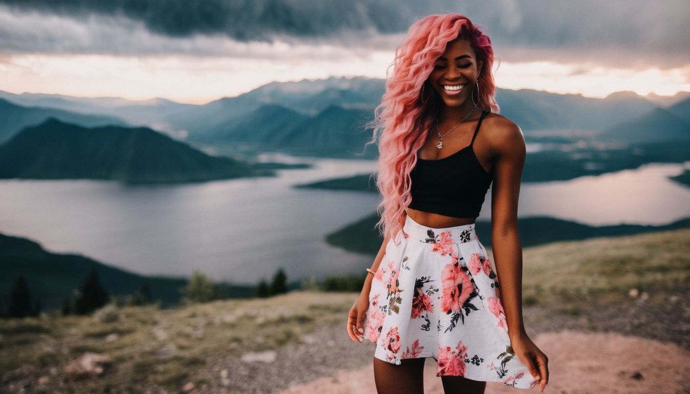 photo of  a black woman by Melissa Stemmer, beautiful floral dress, long pink hair, crop top shirt, short skirt, smile, mountains and storms in the background <lora:melissa-stemmer-1.0:1>