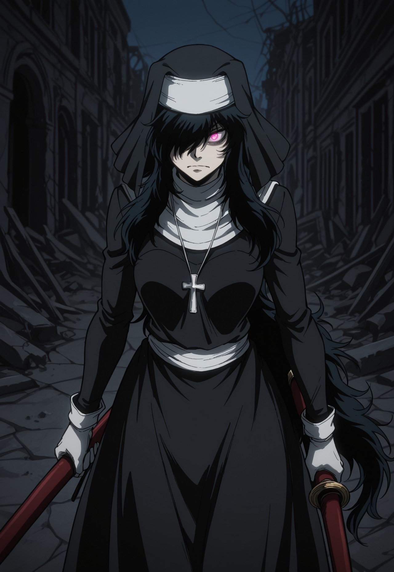 masterpiece, best quality, amazing quality, very aesthetic, absurdres, YumieTakagi, 1girl, black hair, very long hair, pink eyes, hair covering one eye, black veil, medium breasts, silver cross necklace, white guimpe, long black dress, cowboy shot, perspective, ruins, night, glowing eye, angry, closed mouth, white gloves, holding sheath