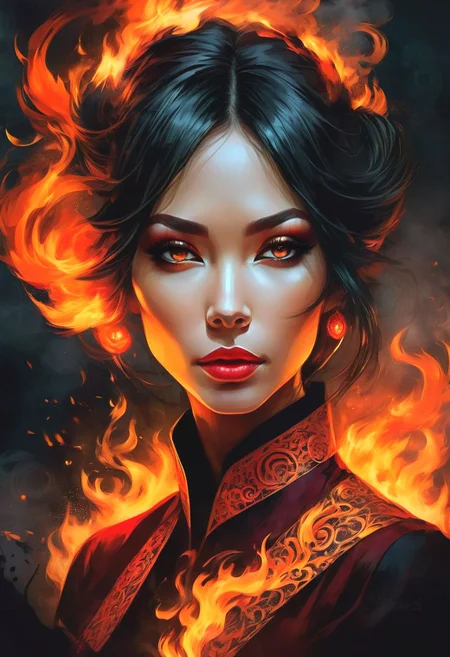 Capture the haunting allure of a beautiful fire nation Gothic girl in the distinctive style of artist Russ Mills. The fire nation girl is shrouded in darkness, her porcelain skin stark against the inky black backdrop. Her fire eyes, intense and mysterious, pierce through the shadows with a mesmerizing gaze. Long, flowing locks of jet-black smoking fire hair cascade around her pale face, framing delicate features with an air of melancholic beauty. Adorned in intricate lace and fire velvet, her attire exudes a sense of evil Victorian elegance with a modern twist. The contrast of light and shadow plays upon her evil ethereal figure, creating a sense of depth and drama that draws the viewer into her enigmatic world.