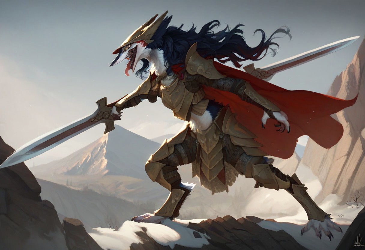 score_9, score_8_up, score_7_up, Rain Silves, yellow eyes, sergal, blue hair, furry female, solo, 1girl, open mouth, teeth, tongue out, realistic, helmet, armor, dual sword, cape, holding weapon, mountain, snow, fire