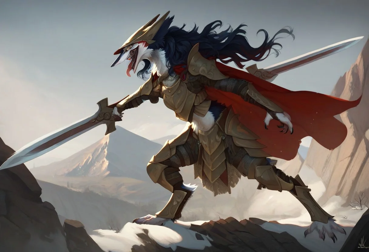 score_9, score_8_up, score_7_up, Rain Silves, yellow eyes, sergal, blue hair, furry female, solo, 1girl, open mouth, teeth, tongue out, realistic, helmet, armor, dual sword, cape, holding weapon, mountain, snow, fire