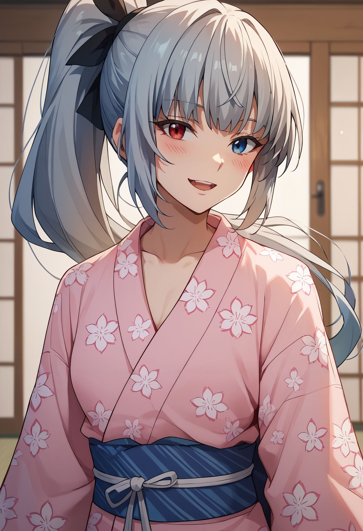 score_9, score_8_up, score_7_up, score_6_up, <lora:luminous_valentine_pdxl_goofy:1>lvslime, 1girl, solo, blue eyes, red eyes, heterochromia, kimono, long hair, blush, japanese clothes, open mouth, looking at viewer, ponytail, smile, yukata, floral print, bangs, grey hair, pink kimono