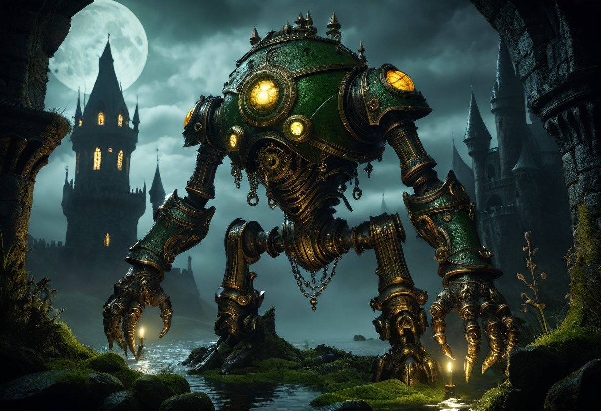 giant bipedal robot army green and orange amber, bronze paisley robot. lacy robot cuttlefish head. outside of a steampunk keep. large detailed torso. dark image. one forty foot tall ancient robot with great arms and two heavy spring legs. dark foggy night background. $dark foggy night image only. dark photo realistic image. steampunk details. cogs, chains and pipes incorporated in the fantasy buildings. magic wizards tower in background. Dark swamp, moss, castle ruins, wizards tower. stormy dark night.