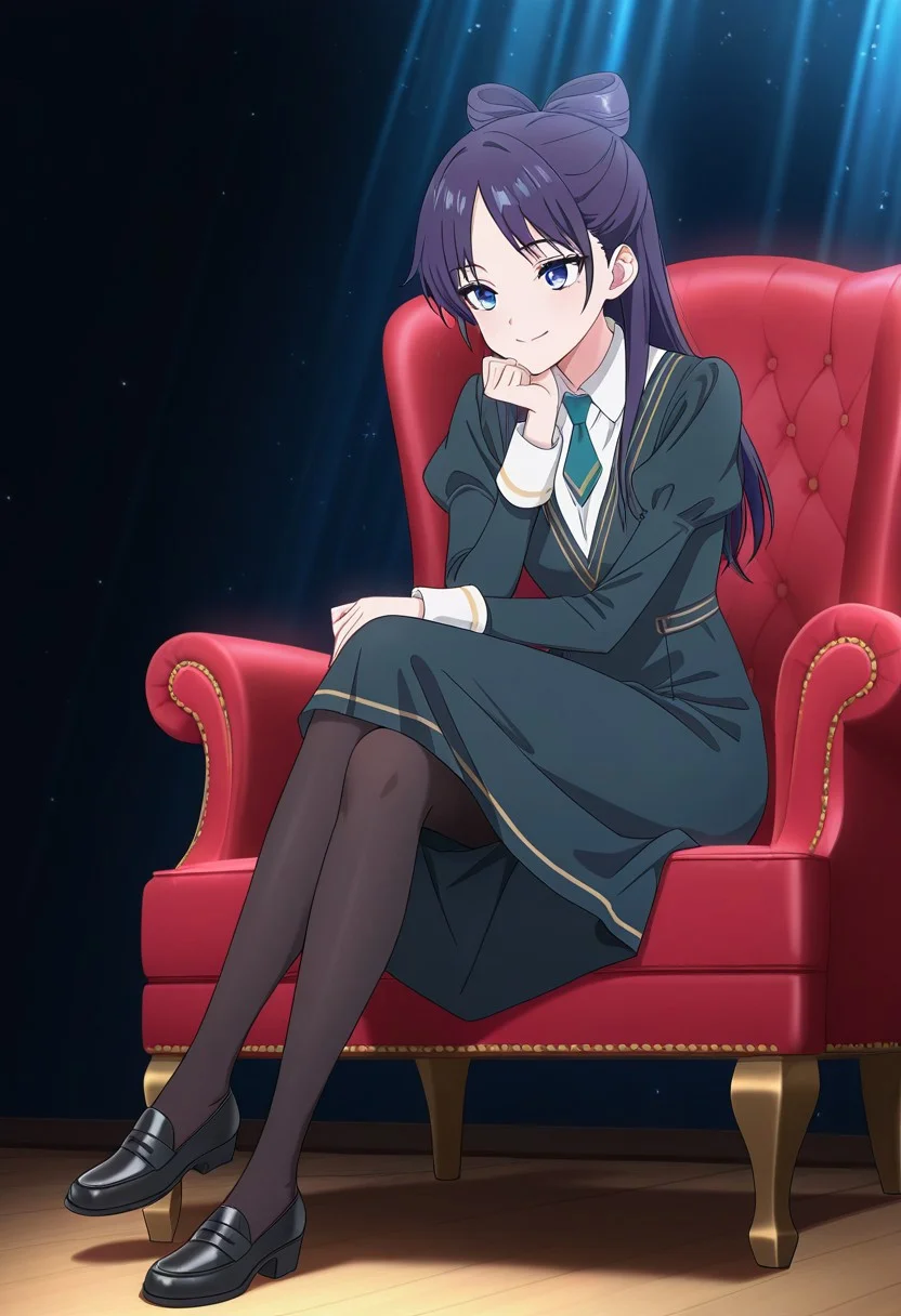 (absurdres, best quality, masterpiece:1.4), amazing quality, highres, newest, detailed, detailed body, detailed face, source anime, anime coloring, beautiful, dark background, petite, on fancy red chair, sitting, light ray, cross legs, hand to own chin, downturned eyes, looking ahead,
BREAK
WWNemu, 1girl, solo, smile, NemuAniHu, dark purple hair, bow-shaped hair, parted bangs, half updo, blue eyes, v-neck dress, white inner collared shirt, Short necktie, juliet sleeves, long skirt, black pantyhose, black shoes,