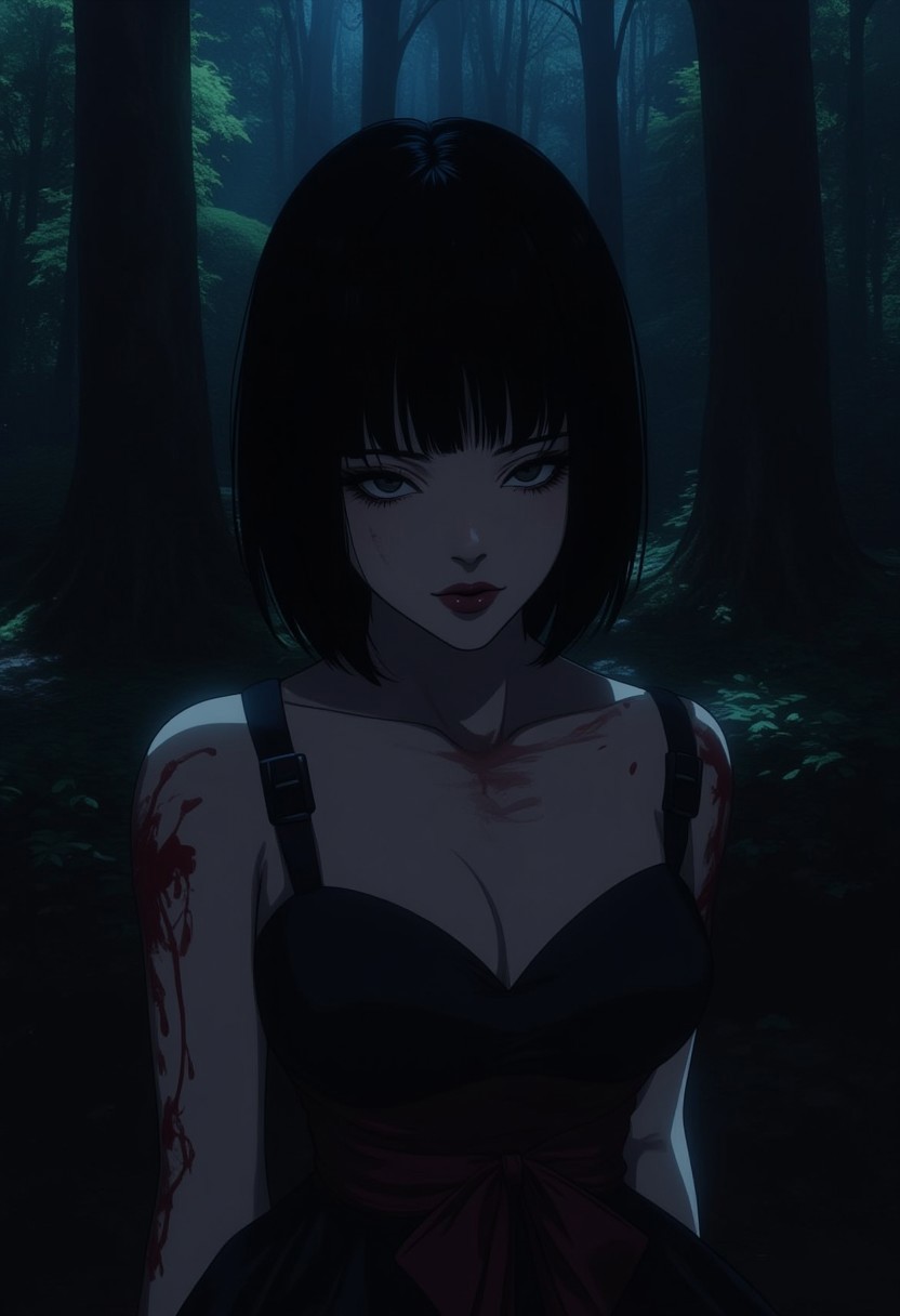 1girl, solo, black hair, looking at viewer, short hair, bangs, closed mouth, dress, black eyes, dutch angle, red lips, fair skin, big breasts, dark forest, dappled moonlight, upper body, blood, lowered head, GLSHS, partially illuminated