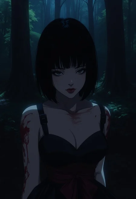 1girl, solo, black hair, looking at viewer, short hair, bangs, closed mouth, dress, black eyes, dutch angle, red lips, fair skin, big breasts, dark forest, dappled moonlight, upper body, blood, lowered head, GLSHS, partially illuminated