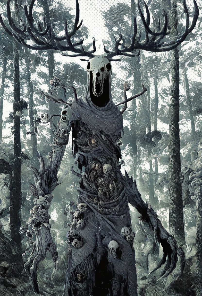 masterpiece, best quality, high quality,nj \(dalo\), (by mizu cx:1.1),by suzukasuraimu, [[lifeline \(a384079959\)]], soukaku \(zenless zone zero\),, W3Leshen, antlers, skull, claws, monster, torn clothes, horns, horror, surreal,[cyberspace], screentones, nihonga, very aesthetic, scenery, forest, mhh, solo