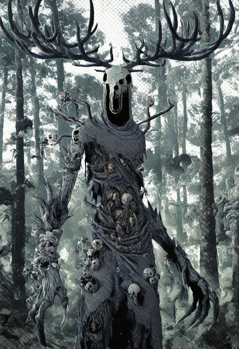 masterpiece, best quality, high quality,nj \(dalo\), (by mizu cx:1.1),by suzukasuraimu, [[lifeline \(a384079959\)]], soukaku \(zenless zone zero\),, W3Leshen, antlers, skull, claws, monster, torn clothes, horns, horror, surreal,[cyberspace], screentones, nihonga, very aesthetic, scenery, forest, mhh, solo