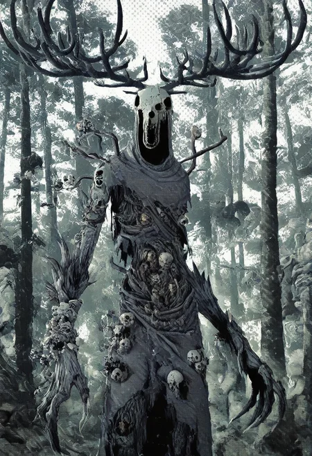 masterpiece, best quality, high quality,nj \(dalo\), (by mizu cx:1.1),by suzukasuraimu, [[lifeline \(a384079959\)]], soukaku \(zenless zone zero\),, W3Leshen, antlers, skull, claws, monster, torn clothes, horns, horror, surreal,[cyberspace], screentones, nihonga, very aesthetic, scenery, forest, mhh, solo