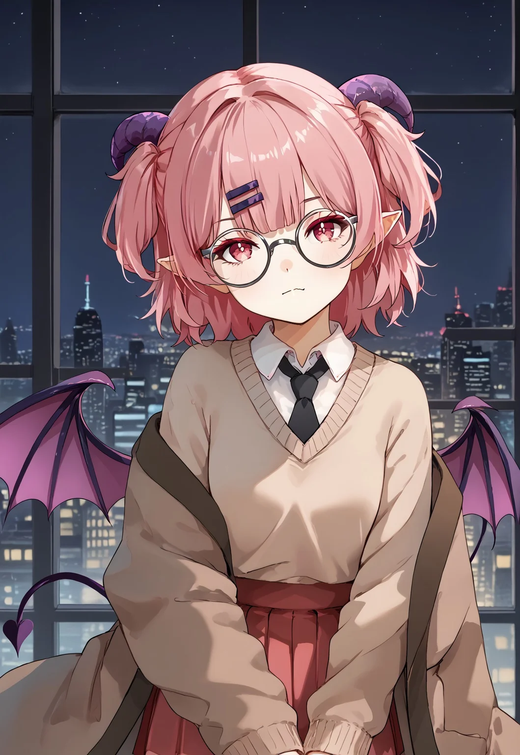 1girl, solo, solo focus, highres, absurdres, AkuNEET, horns, white shirt, pointy ears, pink hair, black necktie, collared shirt, hair ornament, hairclip, bangs, demon girl, glasses, demon horns, wings, demon wings, brown sweater, demon tail, two side up, brown jacket, red skirt, round eyewear, pink eyes, long sleeves, striped thighhighs, pleated skirt, short hair, black-framed eyewear,

looking at viewer, closed mouth, head tilt, 

window, cityscape, city lights, night, night sky, backlighting, 