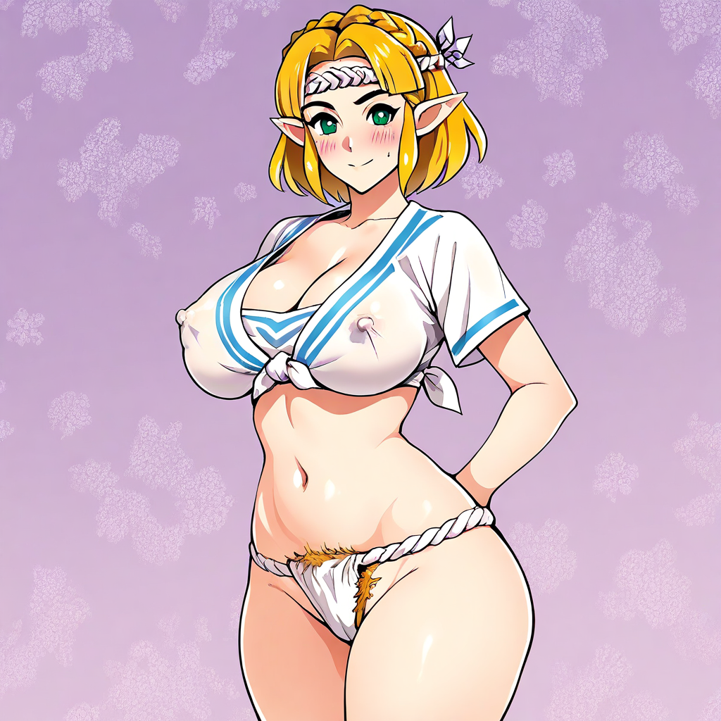 (masterpiece), (absurdres), (high quality), anime, 1girl, Princess Zelda,  adult female, short hair, blonde hair, braid, milf, large breasts, big hips, small waist, fundoshi, (H41RYFUND05H1:1.2), hairy_fundoshi, blonde pubic hair, cleavage, covered nipples, green eyes, headband, japanese clothes, looking at viewer, navel, nejiri hachimaki, blush, purple background, abstract background