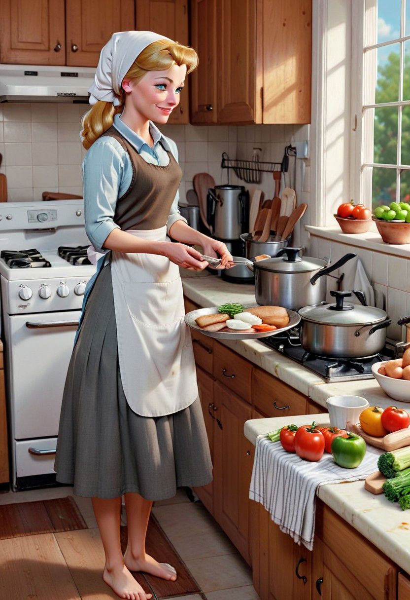 Ultra Realistic, full body shot,  Cinderella,  3d,  housework everyday dress, white scarf in hair, preparing meal, in the 18's, , barefoot, multiple 
Singing