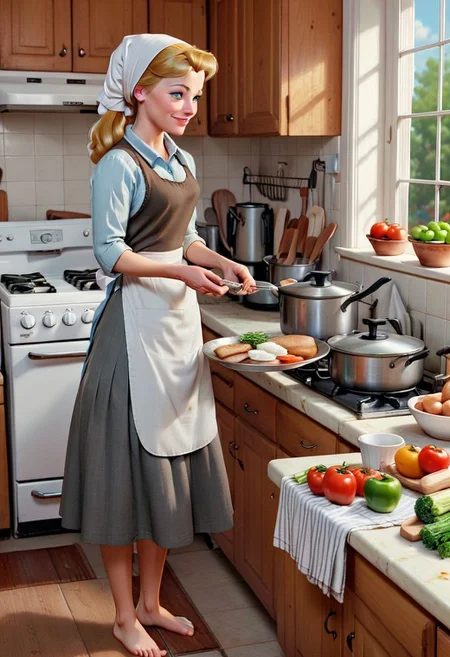 Ultra Realistic, full body shot, Cinderella, 3d, housework everyday dress, white scarf in hair, preparing meal, in the 18's, , barefoot, multiple
Singing