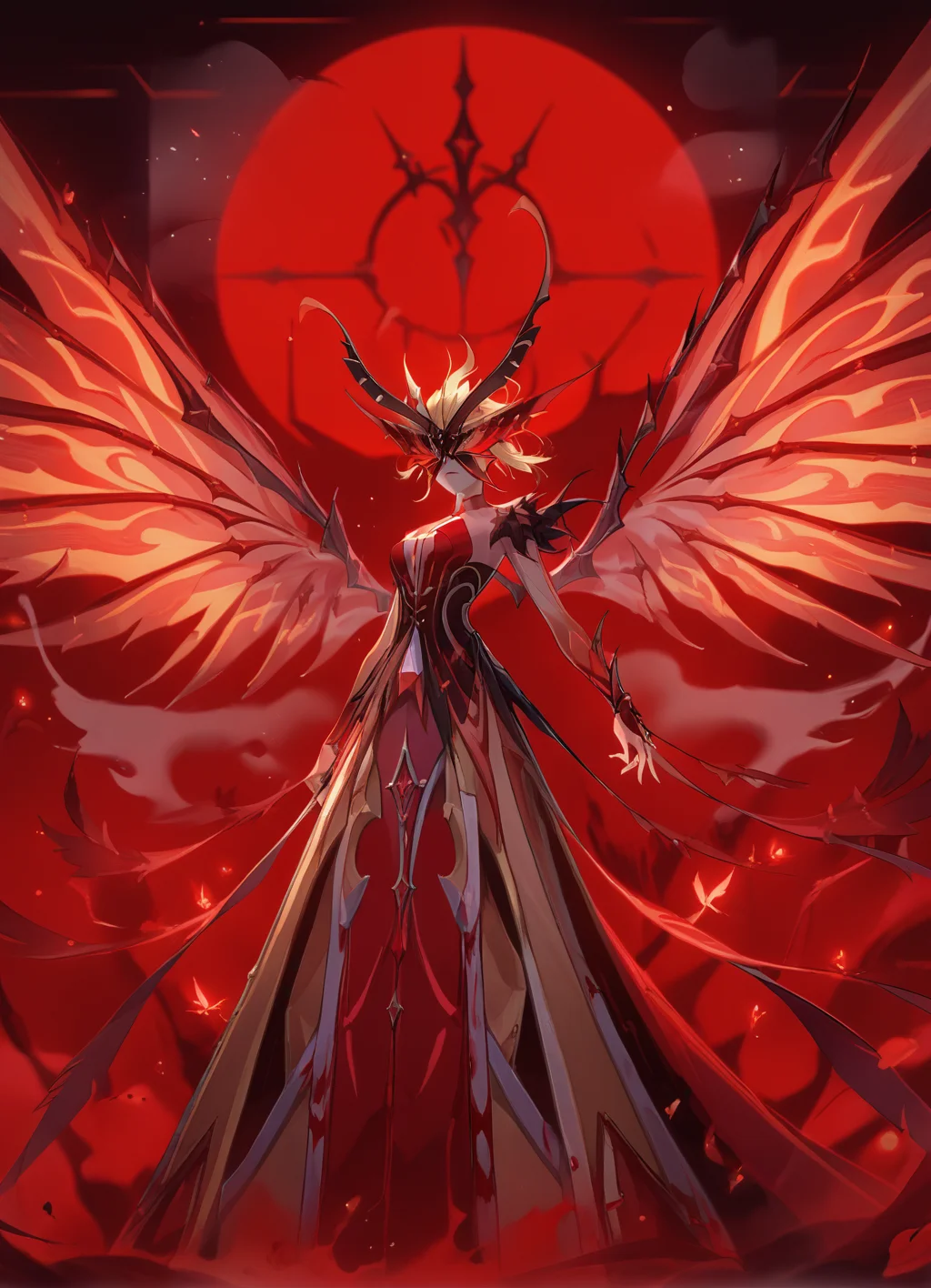 of score_9, score_8_up, score_7_up, source_anime,, standing, lights,blurred background, (fog:1.2),blood,red background, solo, 1girl, signorawitch,wings, mask, blonde hair, <lora:signorawitch:0.8>
