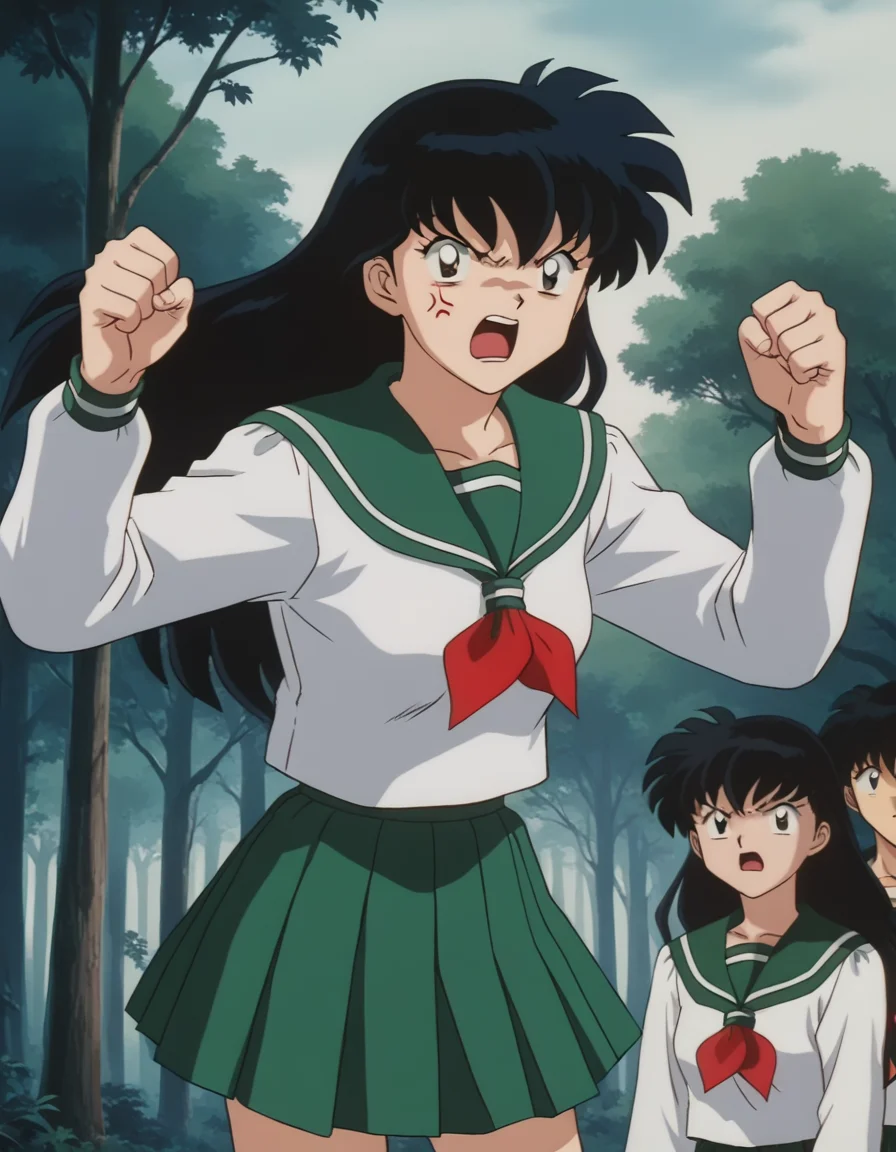 score_9, score_8_up, score_7_up, source_anime,
kagomehigurashi, <lora:kagome-higurashi-ponyxl-lora-nochekaiser:1>,
kagome higurashi, long hair, black hair, retro artstyle, brown eyes, angry, anger vein, shouting, open mouth,
skirt, shirt, long sleeves, school uniform, white shirt, pleated skirt, serafuku, sailor collar, neckerchief, green skirt, red neckerchief,
outdoors, forest, nature,
looking at viewer,