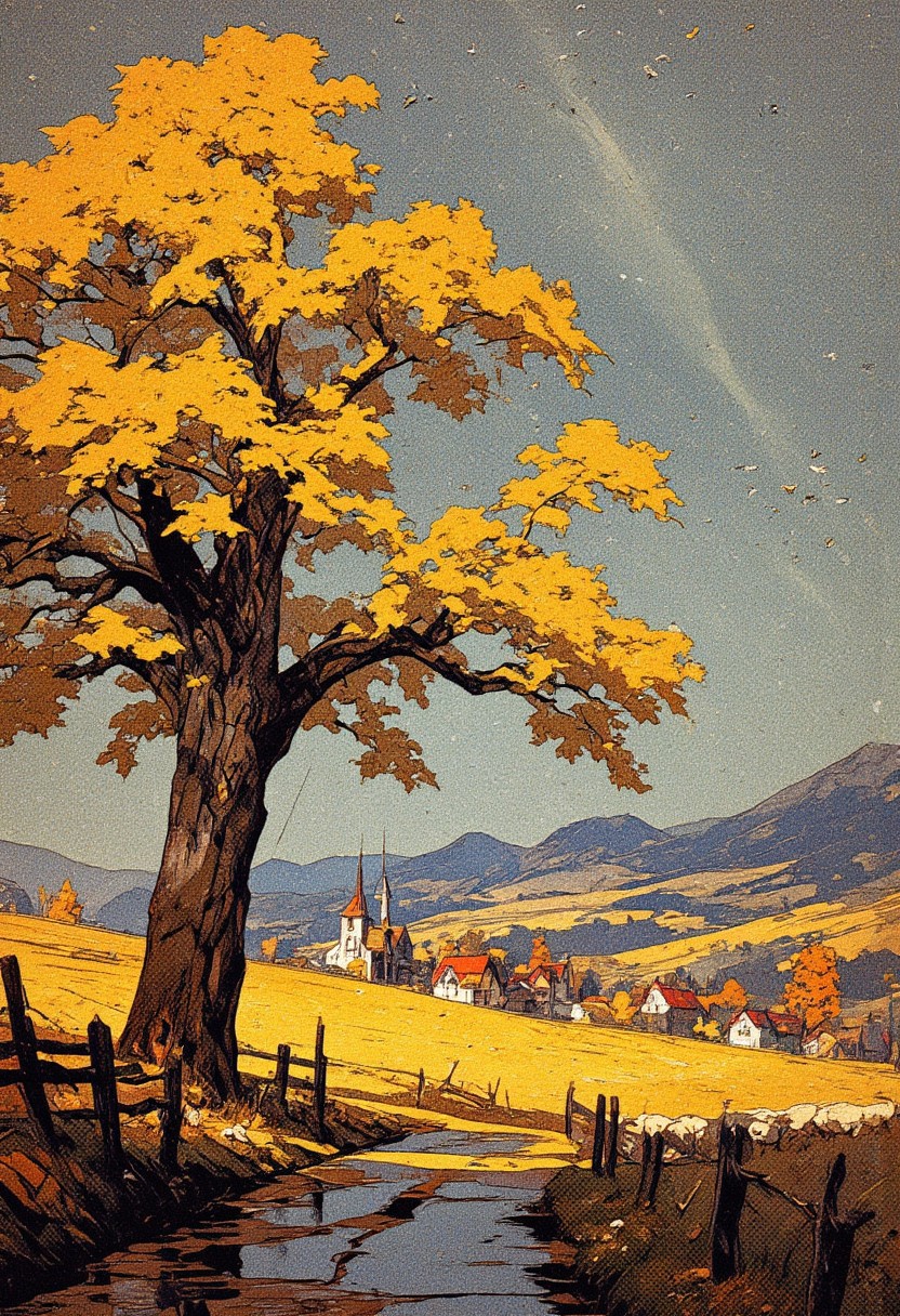 A serene autumn countryside scene during a gentle rainfall. A majestic tree with golden-yellow leaves stands prominently in the foreground, its branches swaying as raindrops fall around it. The tree is surrounded by a rustic wooden fence, and a wet, winding road curves gently beside it. In the background, a small European-style village with red-roofed houses and a church with a tall spire is nestled among rolling fields and distant hills. The landscape is dotted with white sheep grazing peacefully in the damp meadow. The sky is a mix of deep gray and soft blue, with streaks of rain falling diagonally, creating a calming, melancholic atmosphere. A flock of birds takes flight in the distance, adding a sense of movement to the tranquil scene. The art style is semi-realistic with a painterly, storybook quality, emphasizing warm autumn hues contrasting against the cool, rainy sky.
,  anime, cyberpunk