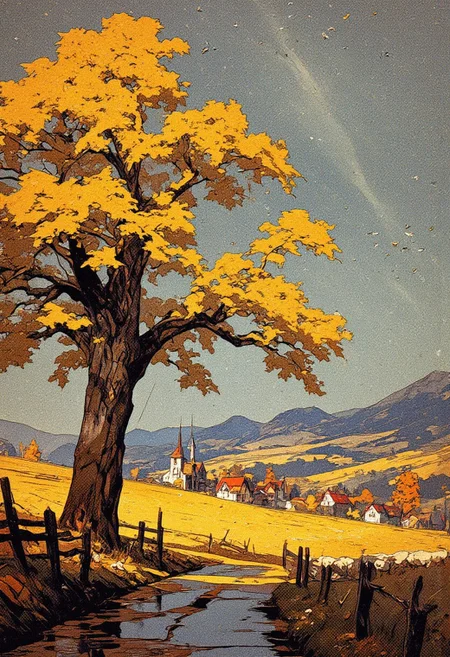 A serene autumn countryside scene during a gentle rainfall. A majestic tree with golden-yellow leaves stands prominently in the foreground, its branches swaying as raindrops fall around it. The tree is surrounded by a rustic wooden fence, and a wet, winding road curves gently beside it. In the background, a small European-style village with red-roofed houses and a church with a tall spire is nestled among rolling fields and distant hills. The landscape is dotted with white sheep grazing peacefully in the damp meadow. The sky is a mix of deep gray and soft blue, with streaks of rain falling diagonally, creating a calming, melancholic atmosphere. A flock of birds takes flight in the distance, adding a sense of movement to the tranquil scene. The art style is semi-realistic with a painterly, storybook quality, emphasizing warm autumn hues contrasting against the cool, rainy sky.
,  anime, cyberpunk