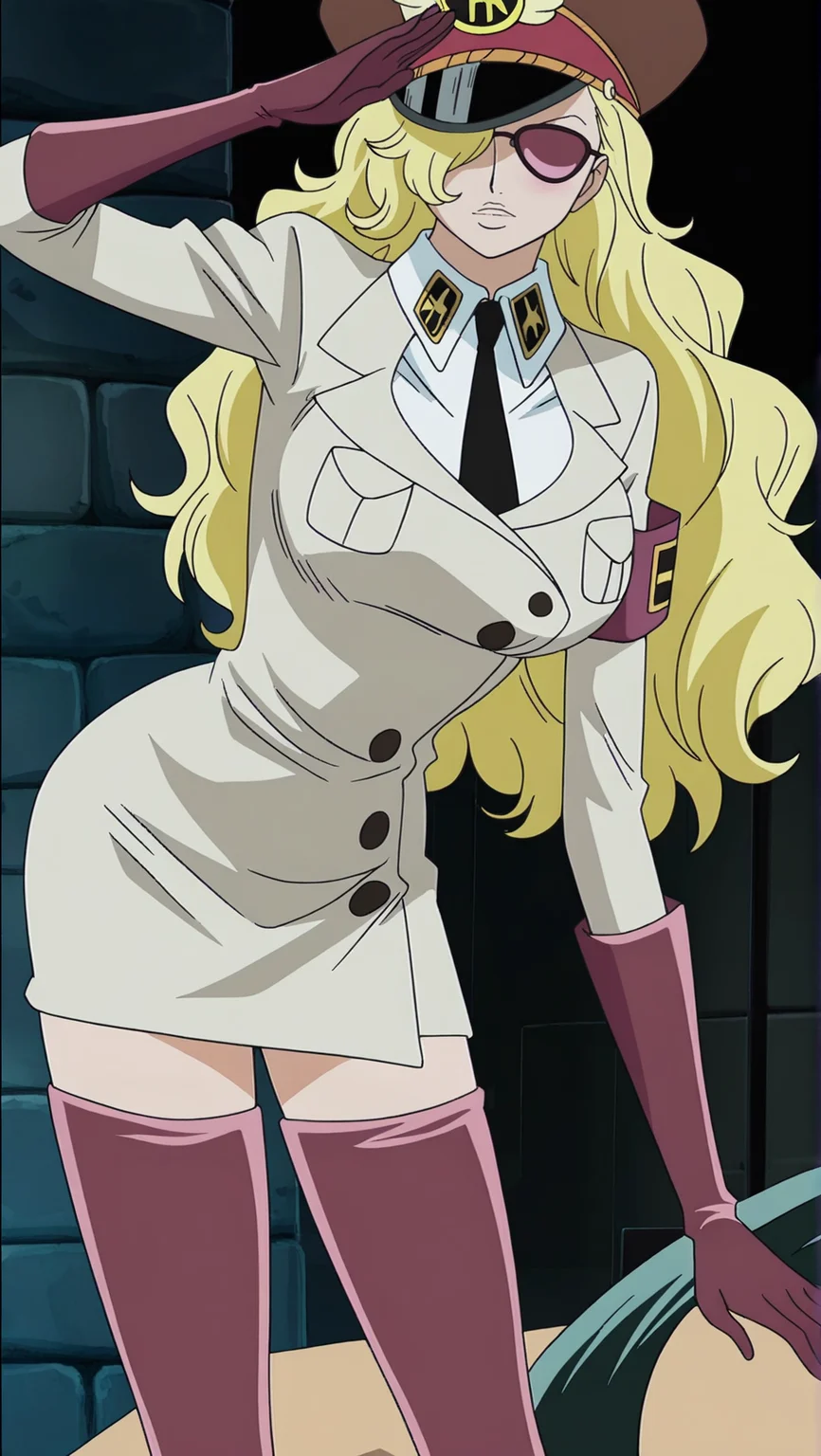 source_anime, masterpiece, best quality, amazing quality, anime screencap, high quality, 8k, absurdres, official style, <lora:Domino_OP_iL:1>, d0m1n0, blonde hair, long hair, hair over one eye, sunglasses, breasts, large breasts, shirt, thighhighs, red thighhighs, thigh boots, heels, long sleeves, gloves, red gloves, hat, jacket, white shirt, collared shirt, necktie, uniform, military, armband, peaked cap, black necktie, pocket, standing, salute, looking at viewer,
