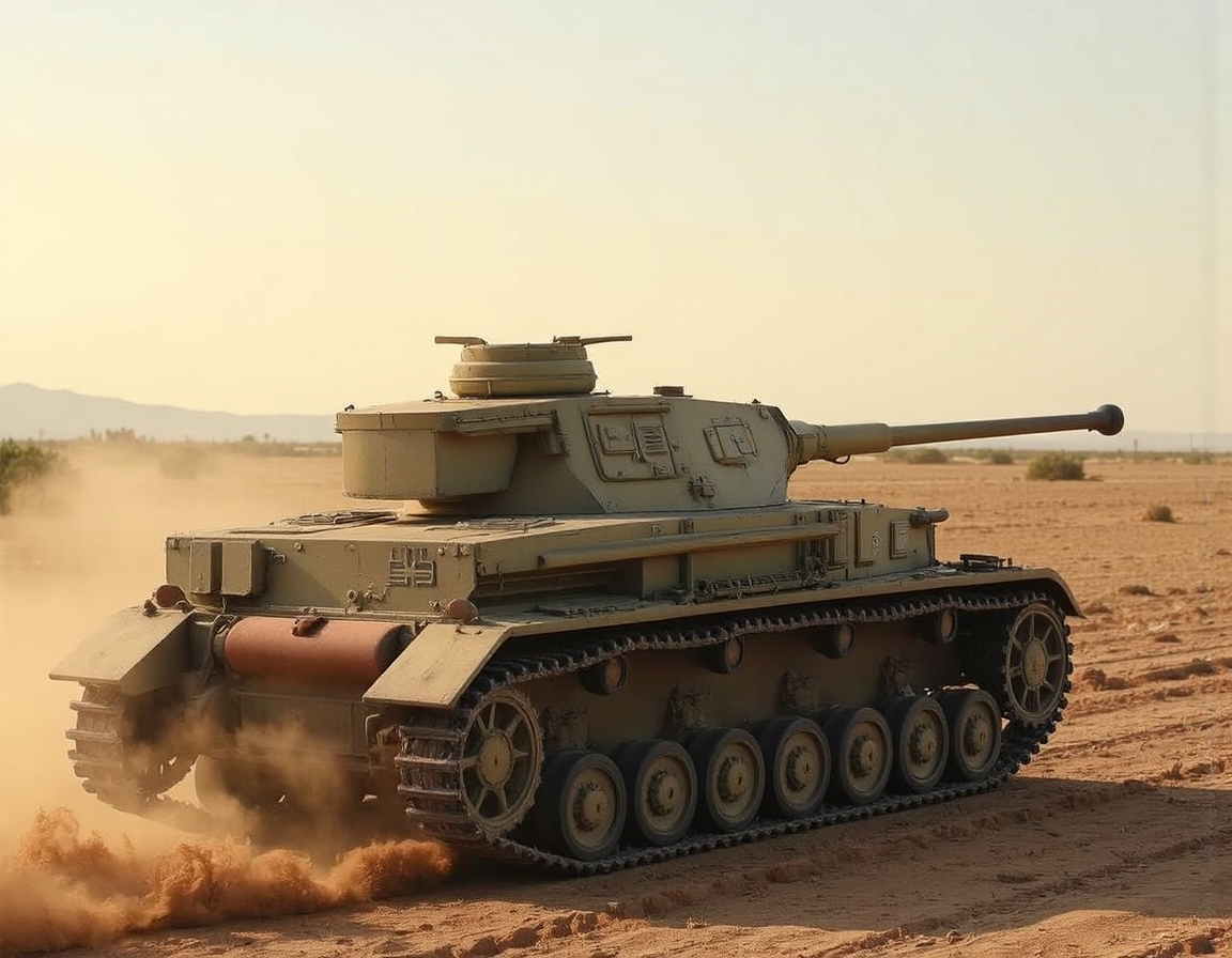 <lora:panzer4f2:0.9>,panzer4f2,,photorealstic panting of Battlefield, masterpiece, best quality, World War II (1.5), Battlefield atmosphere (1.4), Atmospheric lighting (1.1), Cinematic composition (1.2), Historical accuracy (1.4), German tank moving through the desert of North Africa in the 1940s, 1940s, no people, from the side, blurred tracks, blurred wheels, dust, backlighting, beautiful silhouette of tank,