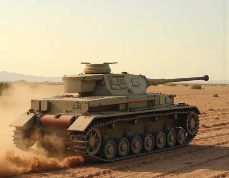 <lora:panzer4f2:0.9>,panzer4f2,,photorealstic panting of Battlefield, masterpiece, best quality, World War II (1.5), Battlefield atmosphere (1.4), Atmospheric lighting (1.1), Cinematic composition (1.2), Historical accuracy (1.4), German tank moving through the desert of North Africa in the 1940s, 1940s, no people, from the side, blurred tracks, blurred wheels, dust, backlighting, beautiful silhouette of tank,