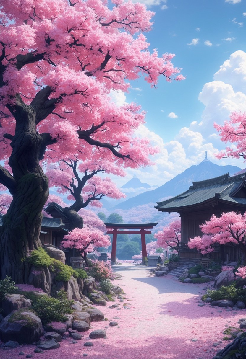 ( Calm spring morning landscape), beautiful view, An old weeping cherry tree, Sakura Fubuki, A carpet of cherry blossom petals, early morning, sunrise sky, beautiful clouds, dappled sunlight, 
The old shrine and red torii gates create a special atmosphere. 
A wonderful waka-like landscape, 
I can see the mountains in the distance, 
depth of field, masterpiece, best quality, ultra-detailed, very aesthetic, illustration, perfect composition, intricate details, absurdres, moody lighting, wisps of light, no humans,
