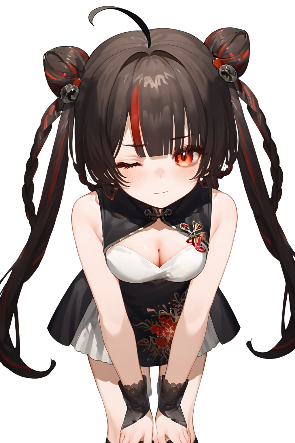 (score_9,score_8_up,score_7_up,),xiaoke,skirt under dress,double bun,multicolored hair,solo,red eyes,black footwear,white background,streaked hair,socks,long hair,closed mouth,blush,twin braids,ahoge,cleavage,medium breasts,china dress,white skirt,<lora:xiaoke2:1>,arched_back,leaning_forward,hand on own knees,shushing,wink,