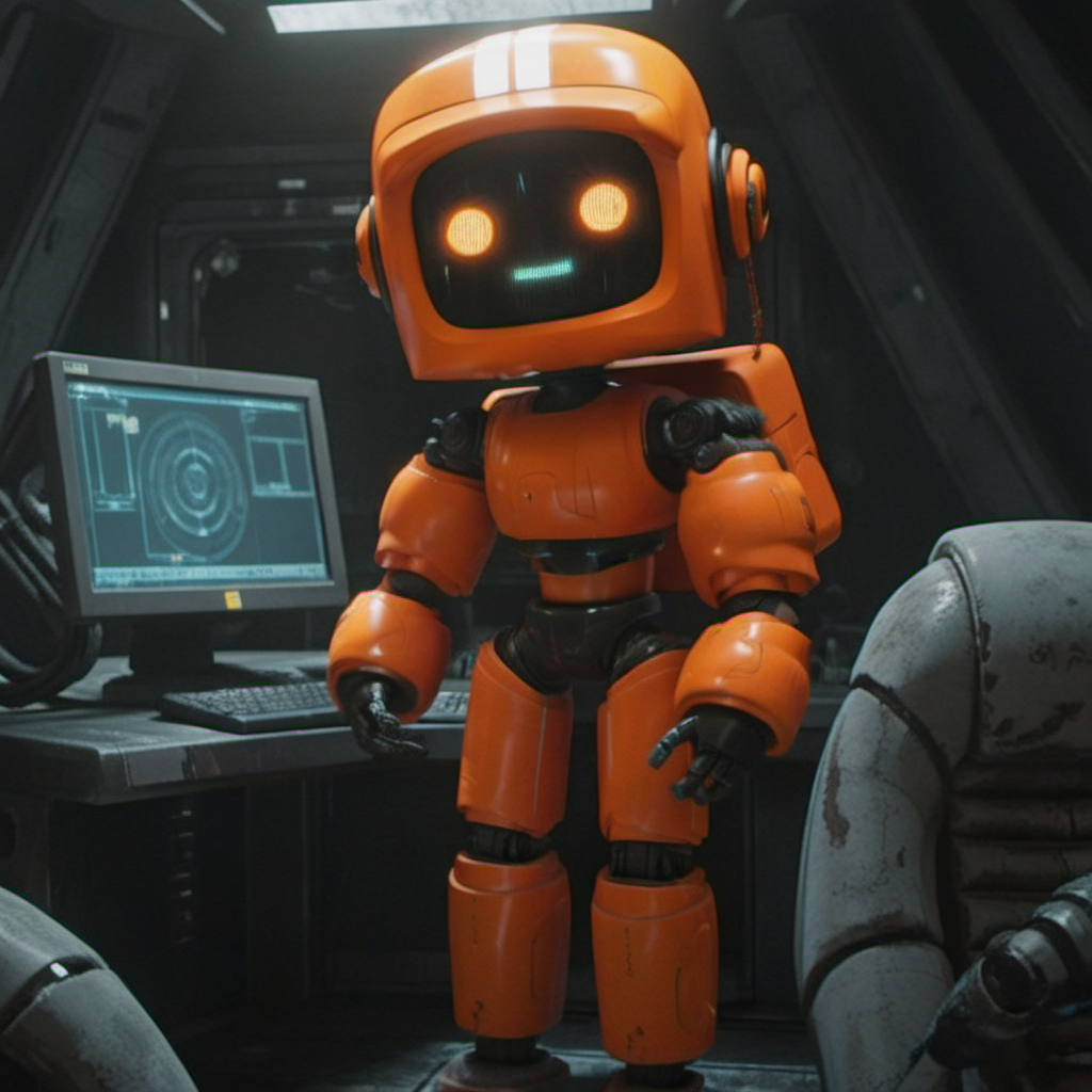 an orange robot, in a spaceship, cyberpunk,  highly detailed,  photography, ultra sharp, film, professional, 64k  <lora:add-detail-xl:1.5> <lora:Orange Robot1024:0.7>