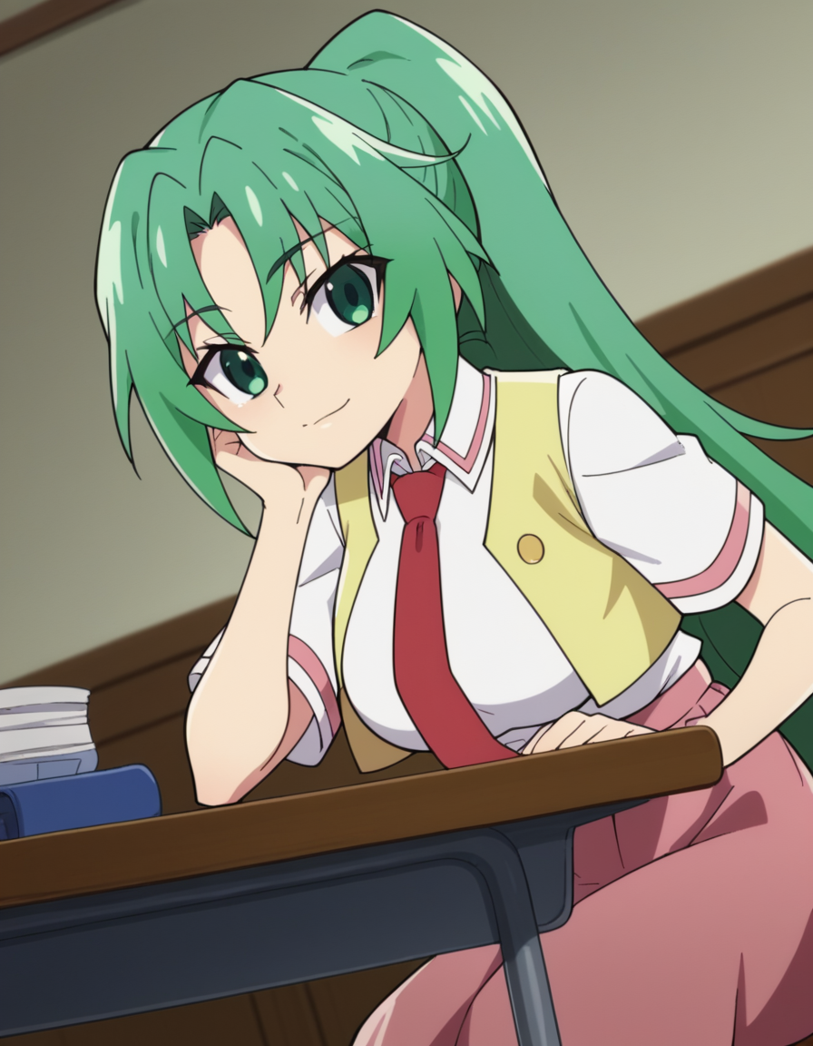 score_9, score_8_up, score_7_up, source_anime, <lora:mion-sonozaki-s4-ponyxl-lora-nochekaiser:1>, mion sonozaki, long hair, green eyes, ponytail, green hair, large breasts,, skirt, shirt, school uniform, white shirt, short sleeves, necktie, vest, red necktie, pink skirt, high-waist skirt, long skirt, open vest, yellow vest,, hotel room, bed, desk, mini fridge, room service, , sitting, head rest, table,, looking at viewer, solo,, dutch angle, cowboy shot