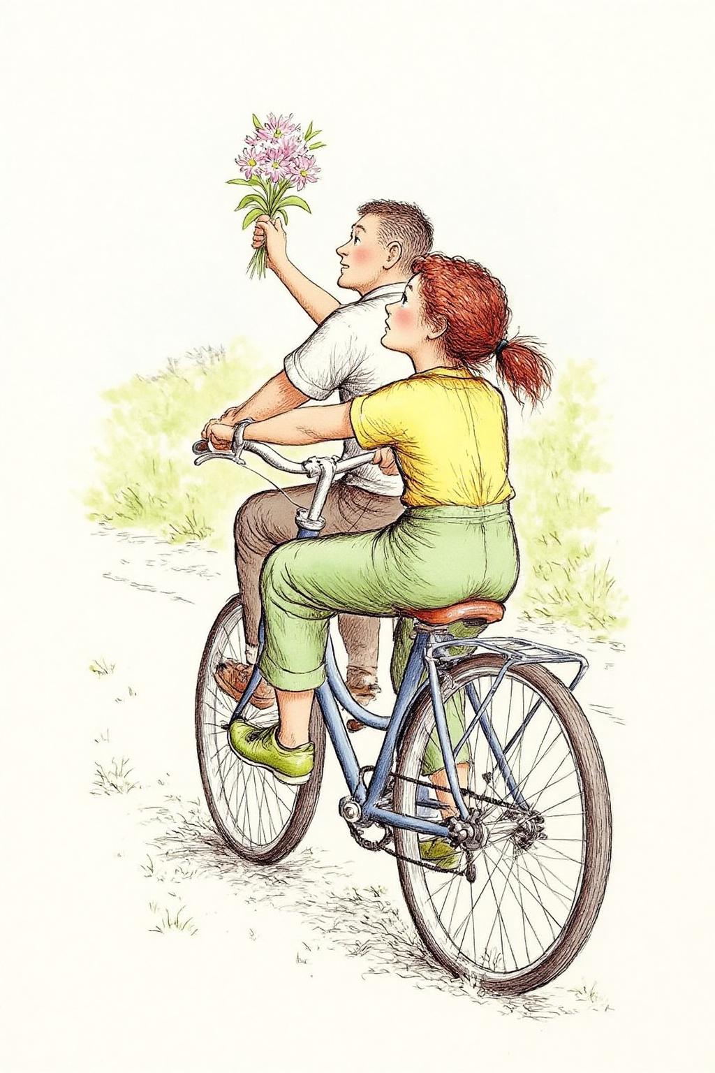 gawi1 illustration. 
qub1.
Scene of a couple riding a bicycle. The woman, with short, curly red hair in a ponytail, is wearing a yellow short-sleeved shirt, light green pants, and green shoes. She is sitting on the handle bar of the bicycle, turning her head to look back at the man, She is holding a flowers up into the air. The man is riding the bicycle and staring at the woman. 
 <lora:gawi1_cap_d6a3e12:1.0><lora:827369658232421815:0>