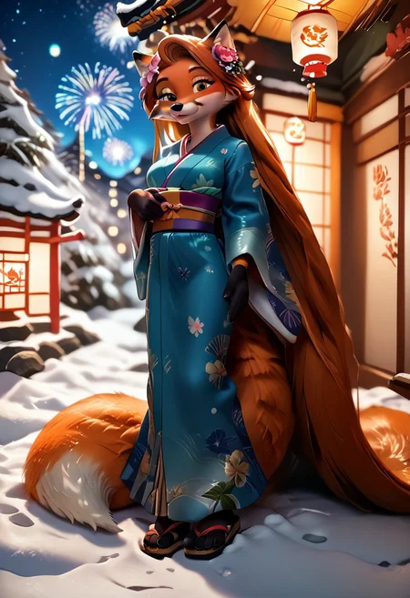 score_9_up, score_8_up, score_7_up, (masterpiece), (best quality), hyper detailed, perfect anatomy, anthro fox girl, dazzling, perfect face,
fluffy_new_year, (absurdly long hair, very long hair, floor length hair:1.3), orange hair, hairflower, bright amber eyes, print_kimono, oiran, hair ornament, japanese clothes, floral print, blue kimono, obijime, sandals, tabi, wide sleeves, furisode, orange fur, fox tail, anthro, female furry, fox, fox tail, fox ears, body fur, fluffy, paws, japanese shrine, outdoor, snow, fireworks, night, looking_at_viewer, solo