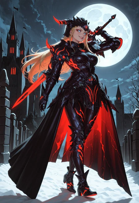 masterpiece, best quality, absurdres, highres, newest,  1girl, solo,  <lora:Elemental_Armor_XIV:1>elemtal_il, black elemental waist cape, red glowing armor, black elemental helmet, black elemental pauldrons, black  elemental gauntlets, red elemental horns, black elemental boots, black elemental armor, blue eyes, blonde hair, lips, sword on back, sheathed, castle, night, full moon, evil smile, arm up, holding sword, walking,  <lora:cfg_scale_boost:.7>