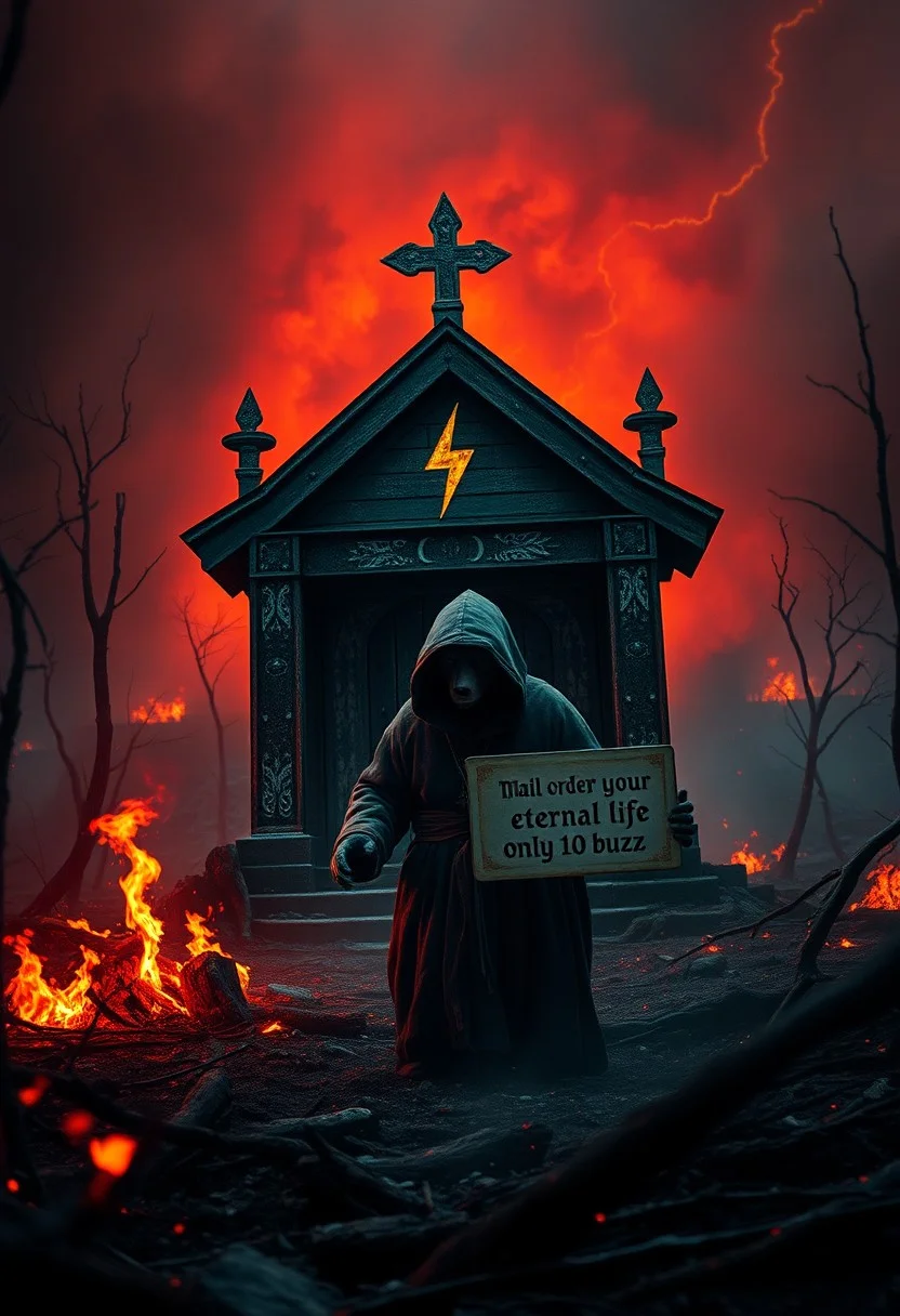 The land is charred and black, everything is shrouded in evil dark smoke and haze with fires of tenebrous sorcery lighting sparks of fire amidst the barren chaos. In center of this hellish landscape stands a shrine to "BUZZ", the god of thunder, decorated by the yellow lightning bolt symbol. A hooded grizzly bear priest with the lightning bolt symbol of BUZZ on his robes is taking donations while holding a sign with text "mail order your eternal life, only 10 buzz". The background is dark and swirling with sparks of fiery colors bringing splashes of light into the colored haze. focusing on dramatic lighting and contrasting colors, cinematic, film still, dramatic, moody, epic, gorgeous, film grain, grainy