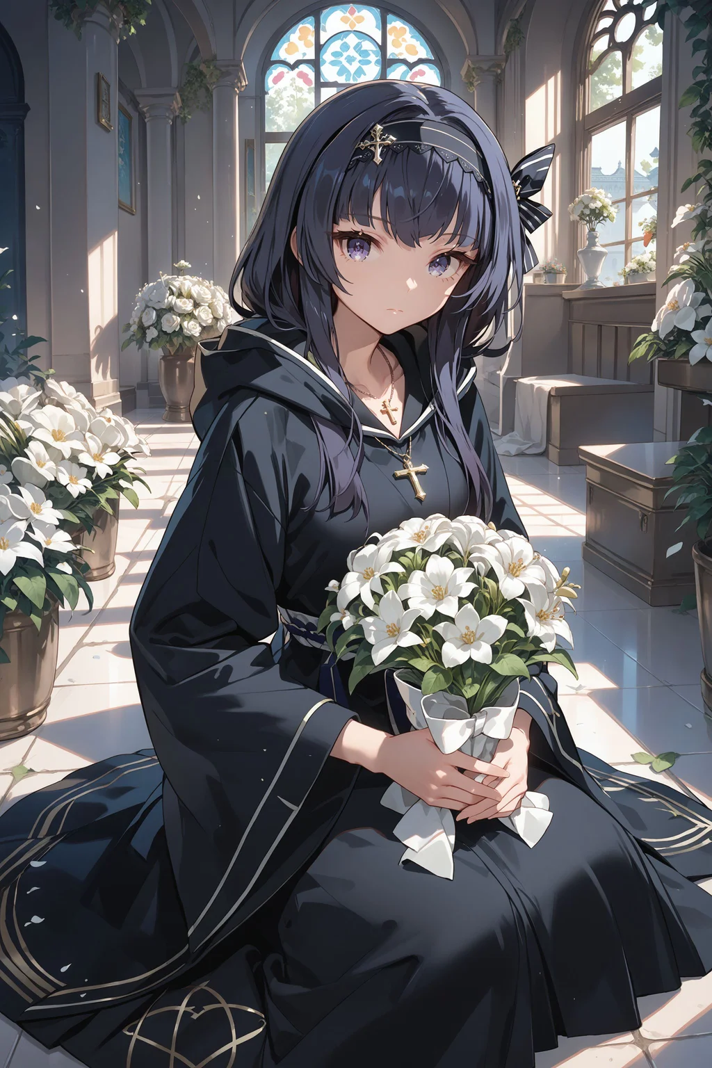 score_max, (score_9, score_8_up, score_7_up:1.2), score_6_up, official art, source_anime,
, masterpiece, absurdres, high detail, 8k,
garden, white room, white flower, waterway, arch window, sunbeam,
sitting on floor, holding bouquet, expressionless, praying, looking at viewer,
curren, black hairband, sister, hood up, black robe, wide sleeves, cross necklace, long skirt,
<lora:XL_Pony_gomaotsu-curren-t1:1>