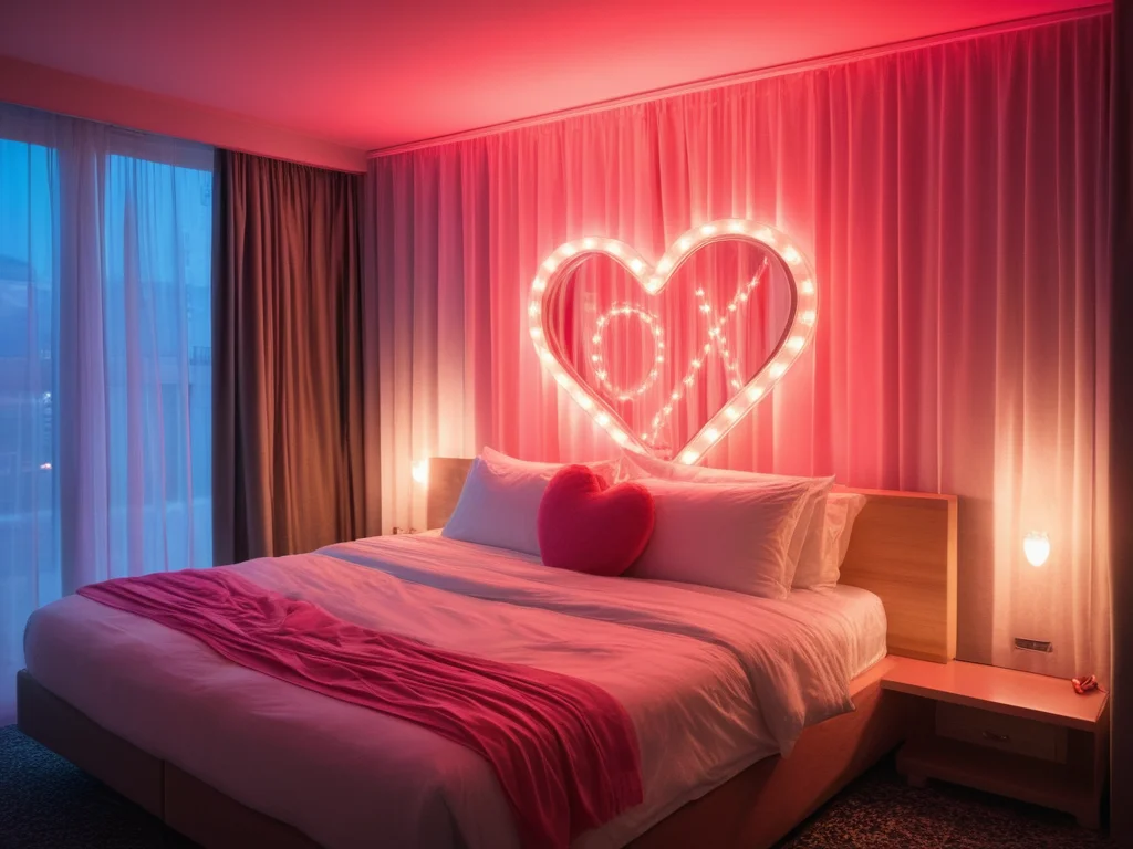 <lora:JJsLoveHotel_XL:.5> ((Love Hotel)) ,realistic, best quality, masterpiece , ((soft lighting)), heart, silk, reflection,night, mirror, window, curtains, ((a romantic scene)) ,RAW photo, (high detailed), dslr, high quality, (ultra realistic), Fujifilm XT3, ceiling light, dramatic lighting,shape of heart, neon light,bed, lightbulb, curvy ceiling,transparent curtain,