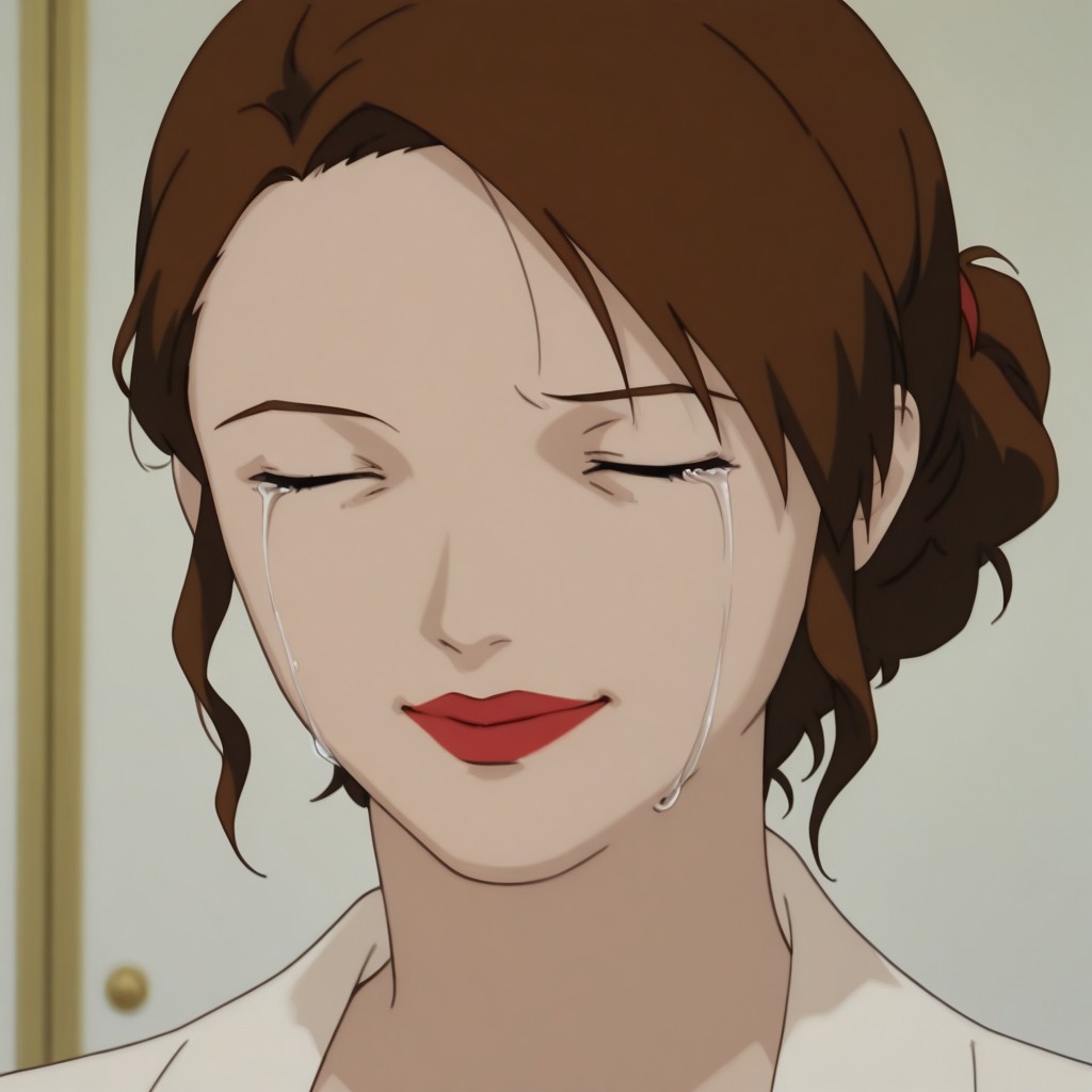 Miho,1girl,brown hair tied in a bun,red lips
Miho laughing historically while crying