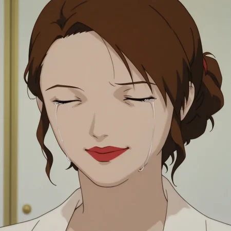 Miho,1girl,brown hair tied in a bun,red lips
Miho laughing historically while crying