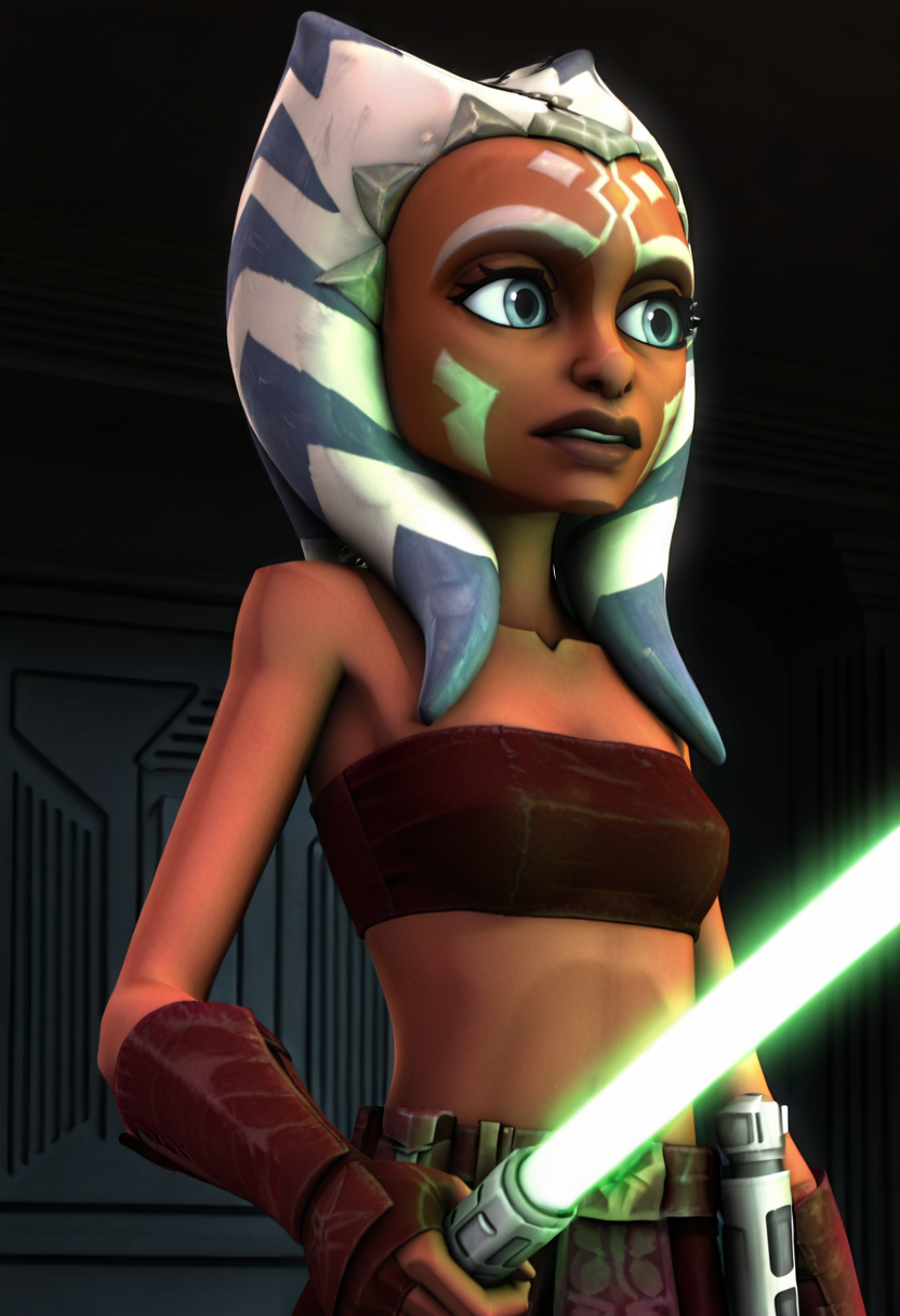 <lora:Ahsoka_Tano:1> ahsoka_tano, 1girl, female focus, togruta, orange_skin, lekku, facial_markings, symmetrical face paint, original_appearance, bandeau_outfit, clone_wars_style, star_wars_background, 3d, holding a green lightsaber, in a battle stance