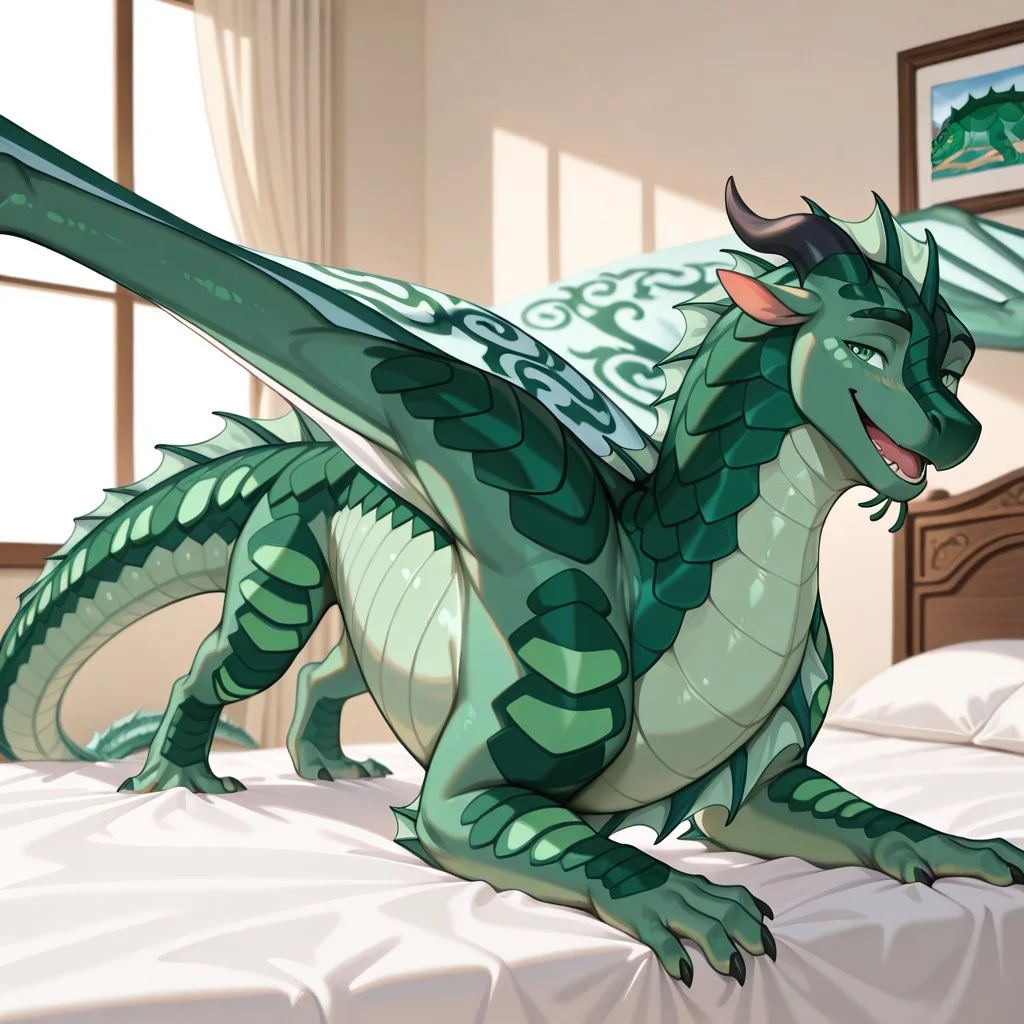 1boy, highres, absurdres, newest, masterpiece, best quality, furry, furry_male, Seawing_wof, aquatic scales, chin tendrils, dragon, scales, wings, horns, tail, head frill, claws, chest frill, webbed claws, webbed feet, Turtle_wof, green scales, green eyes, green frill, 1boy, wing pattern, spread wings, (feral, quadruped:1.3), detailed eyes, on_bed, on_stomach, open_mouth, open mouth smile, luxurious detailed room, bright room, day scene, professional lighting, white bed, solo, bedroom, smiling, seductive, looking_at_viewer, masterpiece, close up, safe