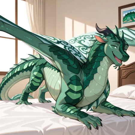 1boy, highres, absurdres, newest, masterpiece, best quality, furry, furry_male, Seawing_wof, aquatic scales, chin tendrils, dragon, scales, wings, horns, tail, head frill, claws, chest frill, webbed claws, webbed feet, Turtle_wof, green scales, green eyes, green frill, 1boy, wing pattern, spread wings, (feral, quadruped:1.3), detailed eyes, on_bed, on_stomach, open_mouth, open mouth smile, luxurious detailed room, bright room, day scene, professional lighting, white bed, solo, bedroom, smiling, seductive, looking_at_viewer, masterpiece, close up, safe