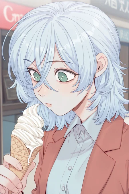masterpiece, best quality, amazing quality,
 <lora:Girltrap_IL:1> strgrltrp, 1girl, green eyes, solo, shirt, jacket, medium hair, blue hair, ice cream, collared shirt, hair between eyes, light blue hair, bangs, shirosan