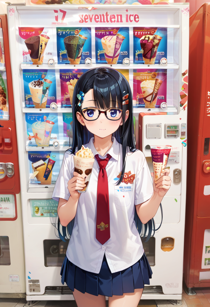 score_9, score_8_up, score_7_up, rating_safe, masterpiece, best quality, absurdres, unity 8k wallpaper, official art, official style, source_anime, uncensored, game cg, megami magazine,
1girl, solo, glasses, black hair, long hair, blue eyes, collared shirt, red necktie, pleated skirt, blue skirt, looking at viewer, blush, holding, hollding food, 
17ice, vending machine, food, ice cream, still life, english text, scenery, 
<lora:17ice_PONY_V1:1>