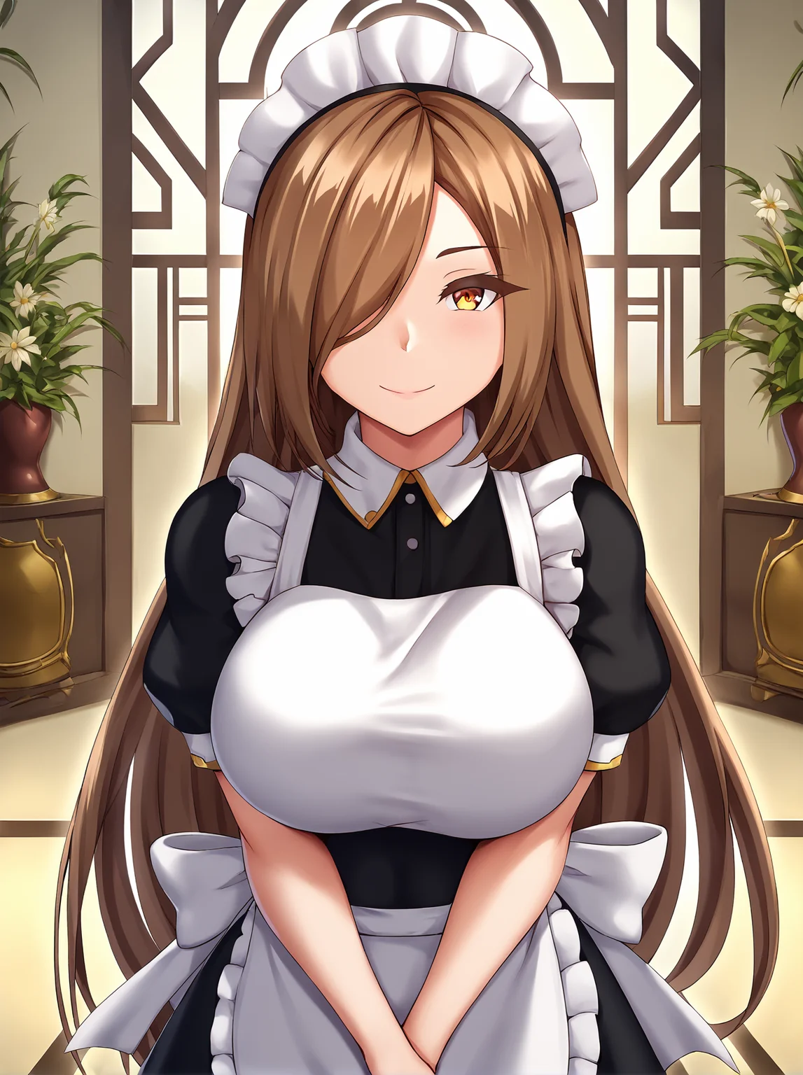 score_9,
<lora:yua_respati_v1_unpruned:1>,
large breasts,
maid, smile, light blush,
long hair, brown hair, amber eyes, hair over one eye,
cowboy shot, looking at viewer, arms in front, v arms,
intricate, detailed, epic,
indoors,
rating_safe,
high resolution, Masterpiece, detailed