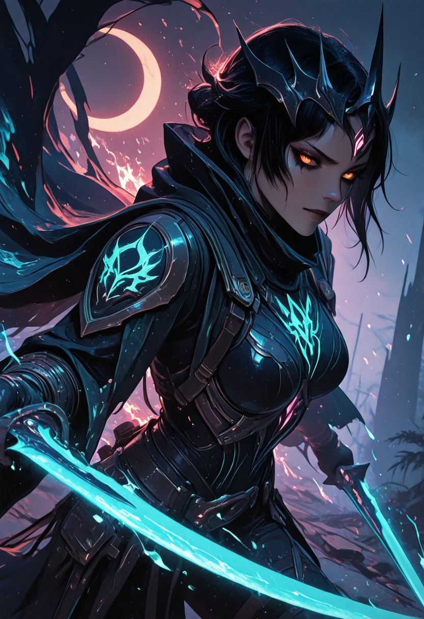 (masterpiece), (best quality), 8k, 1girl, celestial assassin, intense low lighting, glowing crescent blades, purple glow, dual-wielding, shadowed face, glowing eyes, dark eclipse sky behind her, glowing voidlight aura, Void crown, half crescent crown, orange eyes, mystical sigils, long flowing cloak fluttering, sci-fi fantasy armor with celestial patterns, moonlit silhouette, cinematic perspective, ethereal particles, radiant eclipse corona, sleek asymmetrical hairstyle, atmosphere of silent finality, black eyeshadow, Void flames, Burning Cloak, Flaming cloak,
Action Shot, Slashing blades, Fierce expression, partical effects, dynamic, Dynamic position, Dynamic angle, Combat, intense, intense expression, Anger, half smirk,
Unique, close up, cowboy shot, dutch angle, foreshortening,
Looking at viewer, (Close up, Face Focus),