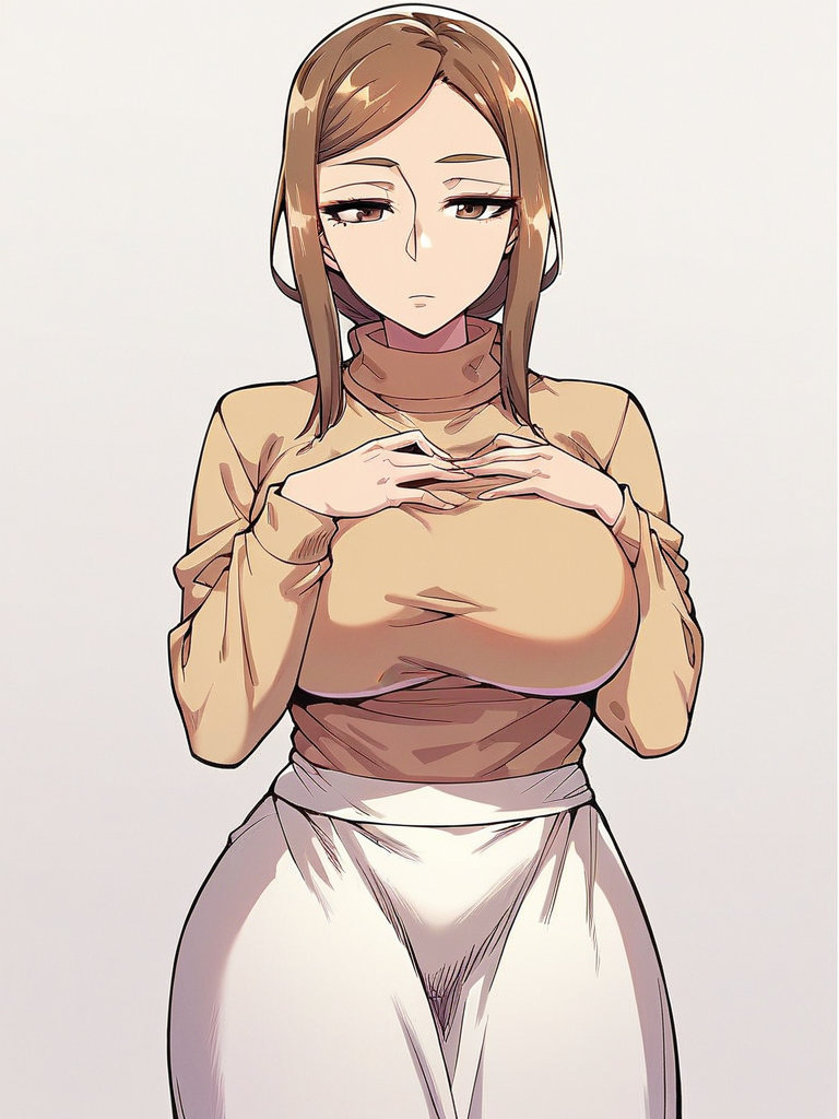score_9, score_8_up, score_7_up,  
1girl, miyuko tk, low ponytail, mature female, large breasts,
brown hair, brown eyes,

standing, beige sweater, turtleneck, long sleeves, white skirt, long skirt, white background, solo, hand on own chest, expressionless, looking at viewer,