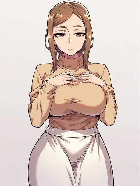 score_9, score_8_up, score_7_up,
1girl, miyuko tk, low ponytail, mature female, large breasts,
brown hair, brown eyes,
standing, beige sweater, turtleneck, long sleeves, white skirt, long skirt, white background, solo, hand on own chest, expressionless, looking at viewer,