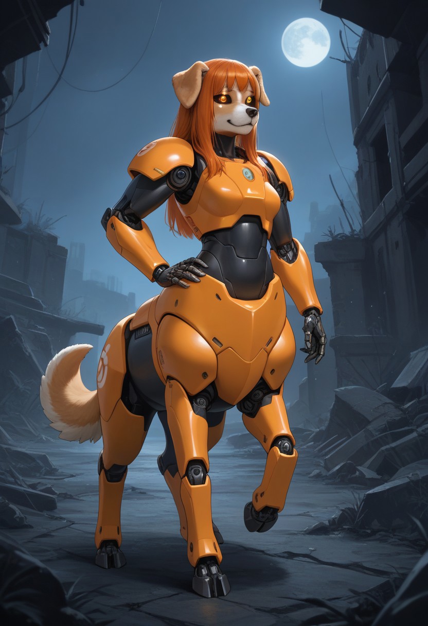 score_9,score_8_up,score_7_up,score_6_up,score_5_up,score_4_up, BREAK ((Corgi)), robot, centaur, solo, smile, industrial ruins, night, hooves, orange horse tail, Robot girl, Mecha, Android, mechanical limbs, robot joints, orange metal skin, black sclera, no mouth, armor, glowing eyes, furry, orange hair, bangs, ((dog head, floppy dog ears, dog nose,)) hand on hip, long snout