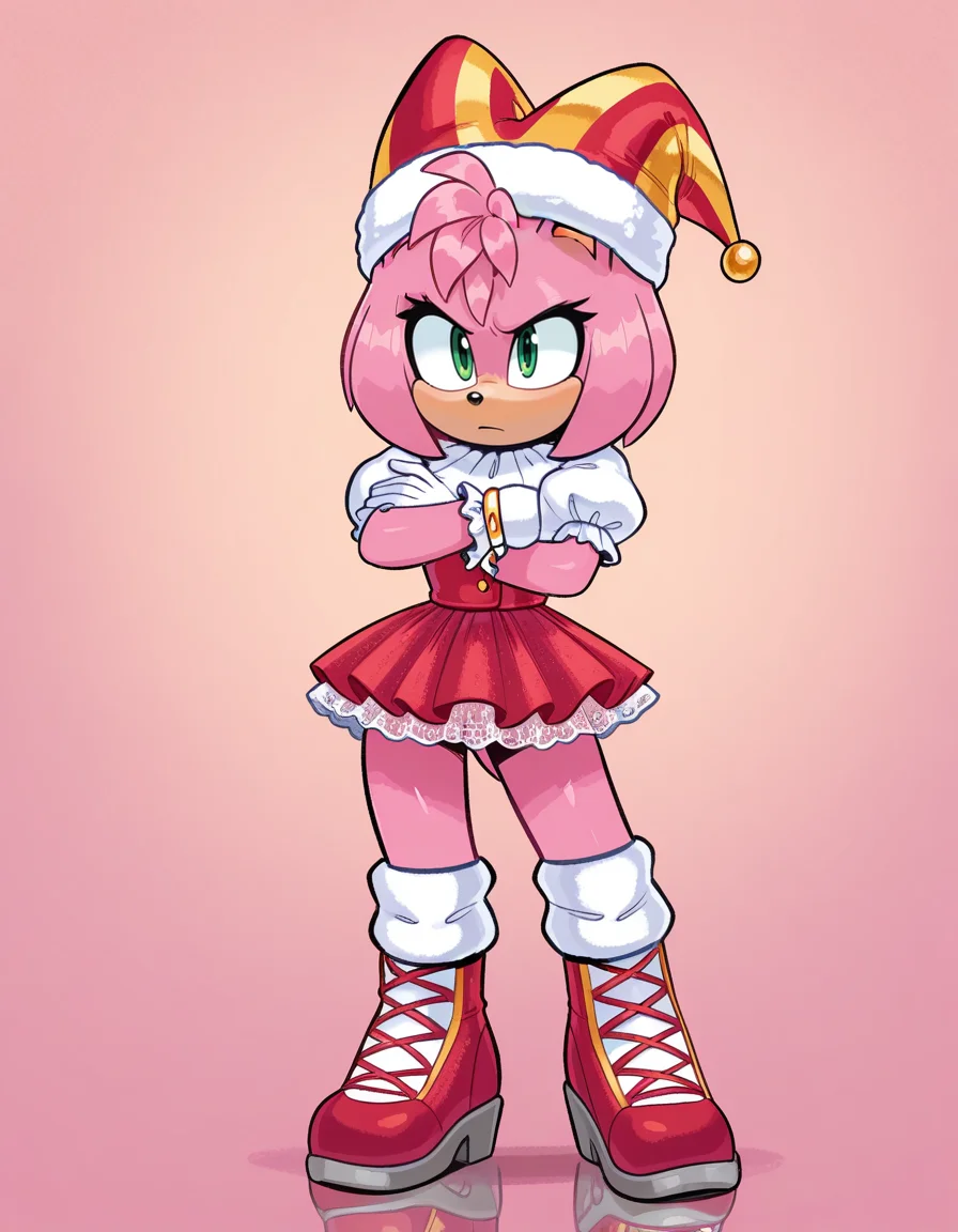 1girl, solo, full body, no humans,
<lora:Movie-Amy:1> movieamy, pink fur, green eyes, animal nose, body fur, hedgehog tail, petite, short legs, short hair, bob cut,
white gloves, <lora:JamoART_v5:1.0> jamoart,
circus girl, puffed sleeves, lace skirt, overknee socks, clown hat, frilly cuffs, standing, crossed arms, subtle nod, reflective gaze, pensive demeanor, extremely detailed, highres, masterpiece, best quality